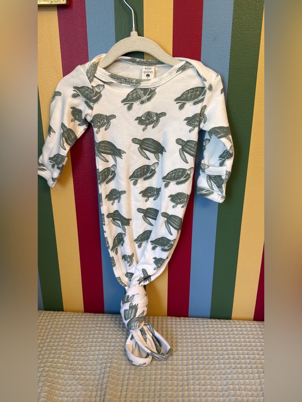 Kate Quinn White Baby Knotted Gown with Green Turtle Print